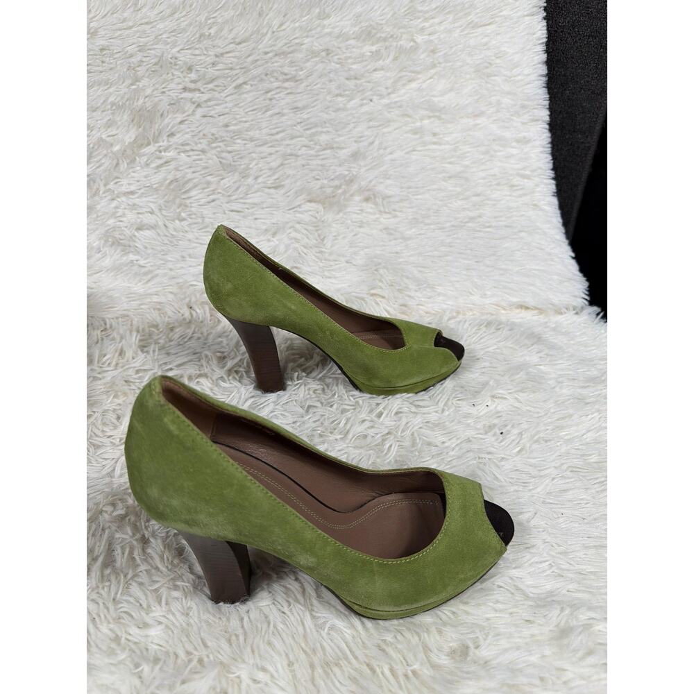 Boss Orange Veera Shoes Womens Size 7 Green Suede Peep Toe Heels Italy Pumps - Picture 3 of 12